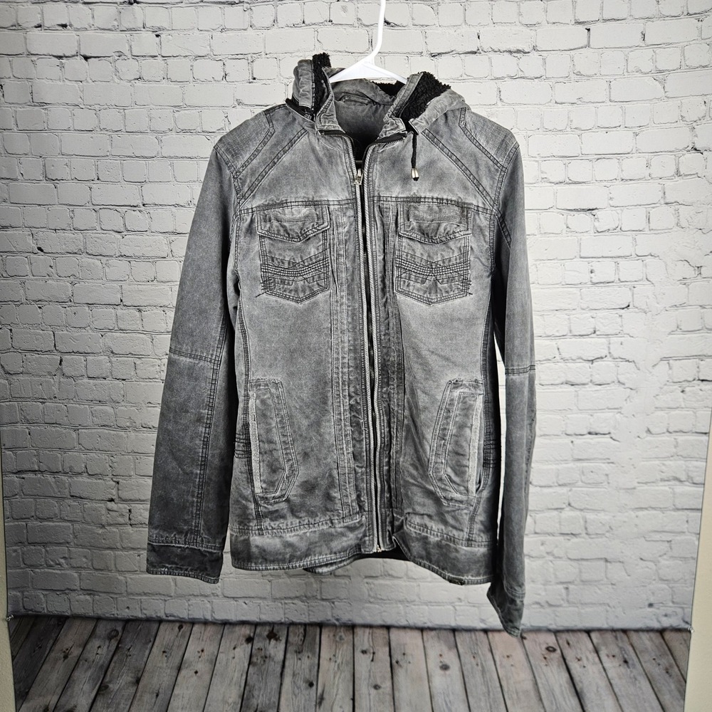 BKE Standard Fit Mens Gray Hooded Sherpa Lined Cotton Jacket RN141057 Small